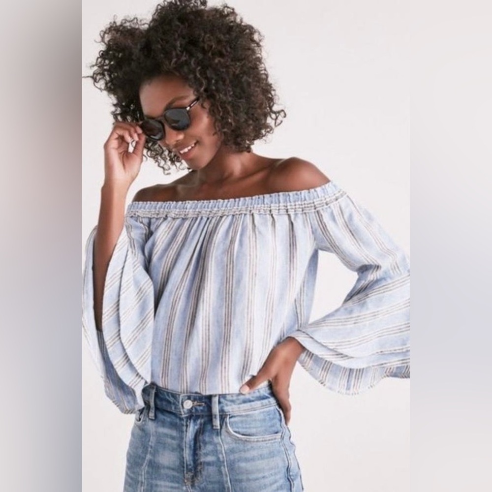Lucky Brand Bell Sleeve Off‎ the Shoulder Blue Stripe Top Small